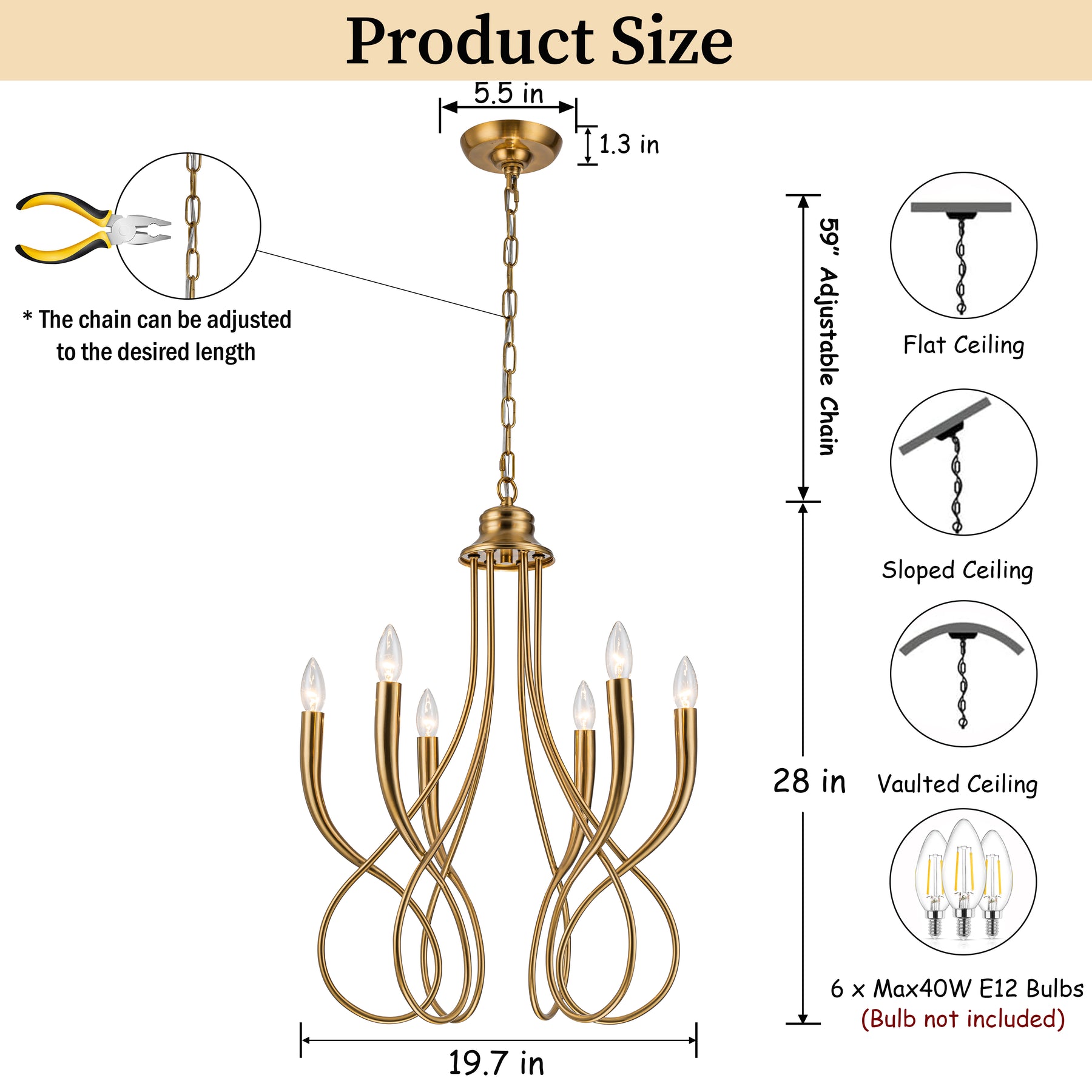 20'' 6-Light Plated Brass Candelabra Chandelier with Curved Arms Mid-Century Modern Pendant Light for Dining Room or Entryway