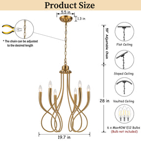 20'' 6-Light Plated Brass Candelabra Chandelier with Curved Arms Mid-Century Modern Pendant Light for Dining Room or Entryway