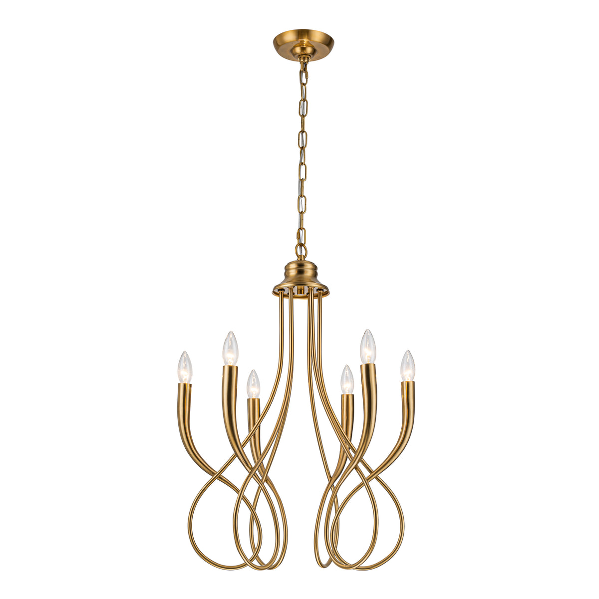 20'' 6-Light Plated Brass Candelabra Chandelier with Curved Arms Mid-Century Modern Pendant Light for Dining Room or Entryway