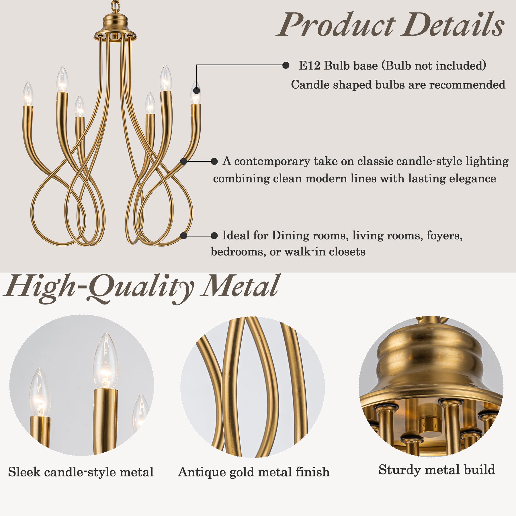 20'' 6-Light Plated Brass Candelabra Chandelier with Curved Arms Mid-Century Modern Pendant Light for Dining Room or Entryway