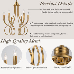 20'' 6-Light Plated Brass Candelabra Chandelier with Curved Arms Mid-Century Modern Pendant Light for Dining Room or Entryway