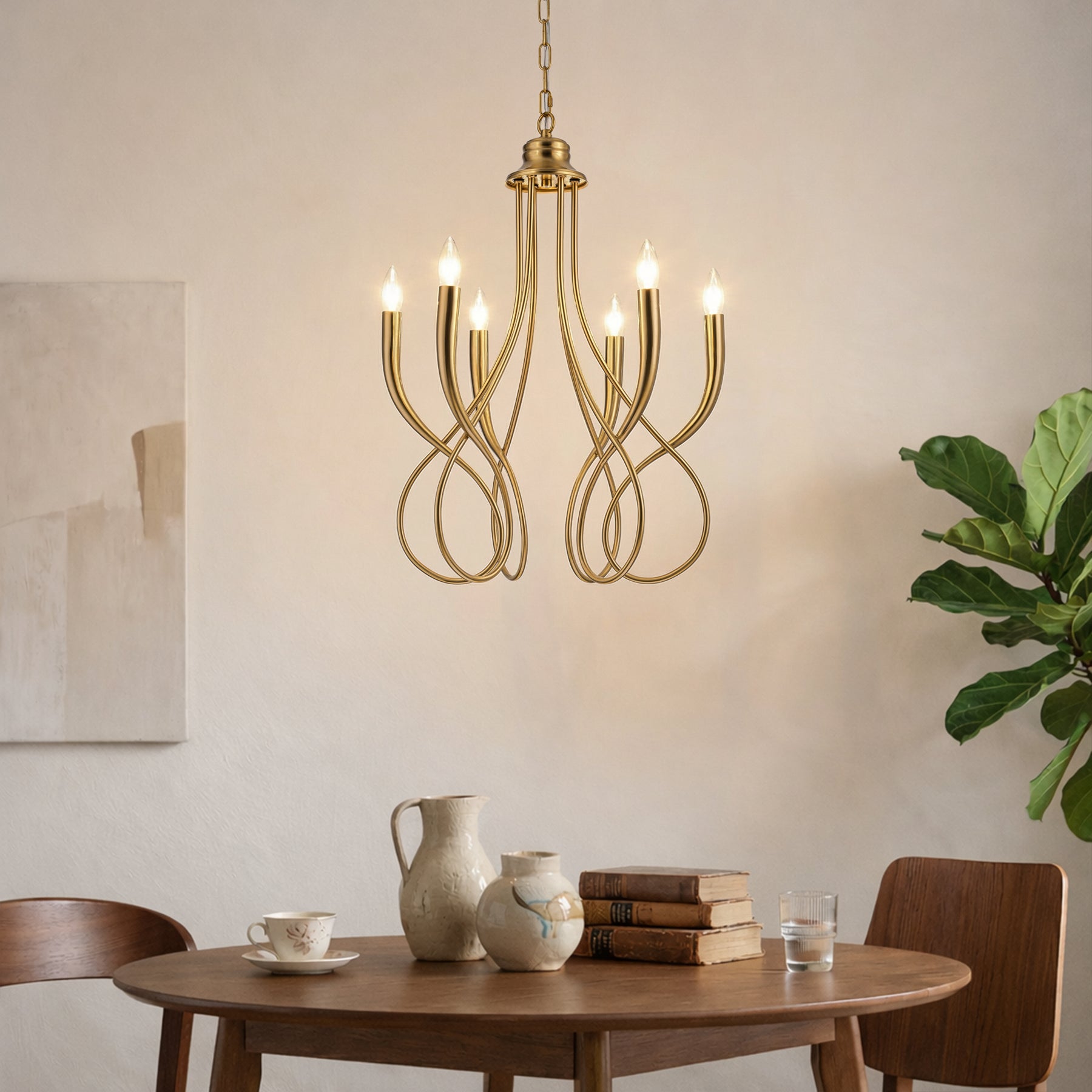 20'' 6-Light Plated Brass Candelabra Chandelier with Curved Arms Mid-Century Modern Pendant Light for Dining Room or Entryway