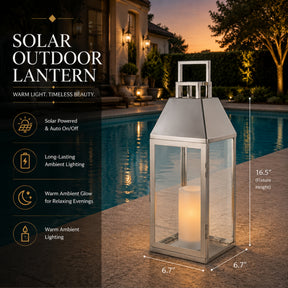 H17 inch Modern Solar Outdoor Lantern with Flickering LED Candle, Stainless Steel and Tempered Glass