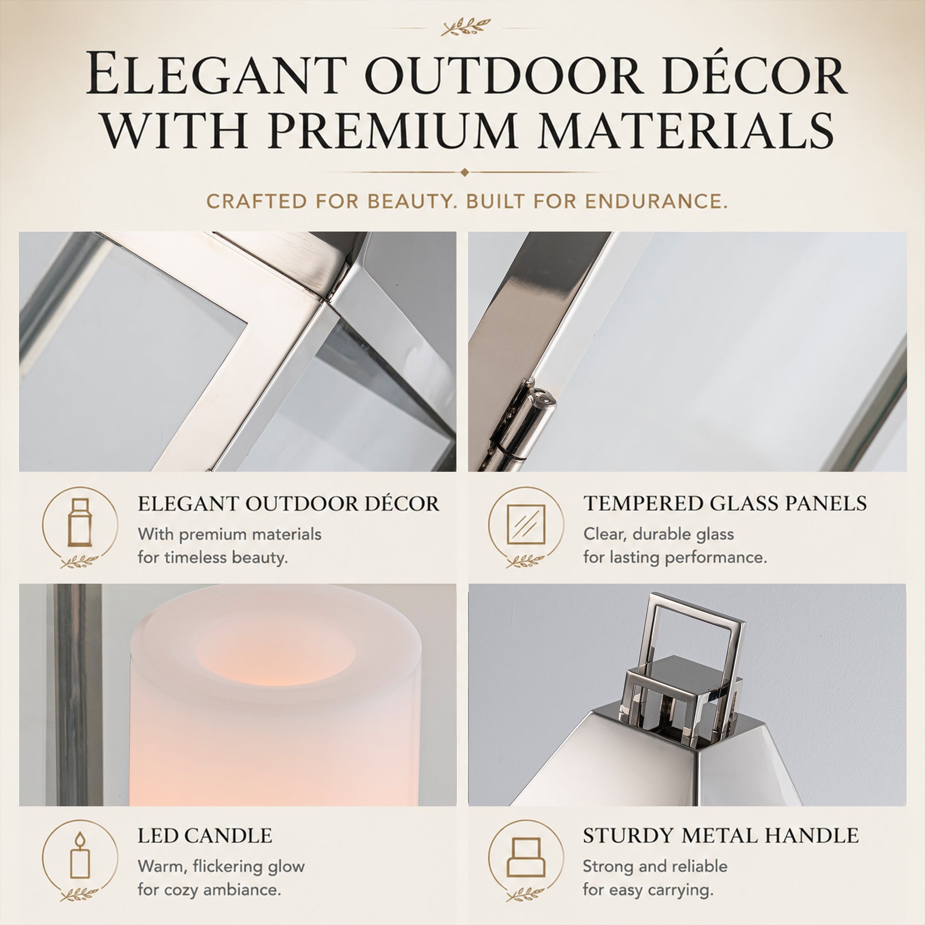 H17 inch Modern Solar Outdoor Lantern with Flickering LED Candle, Stainless Steel and Tempered Glass