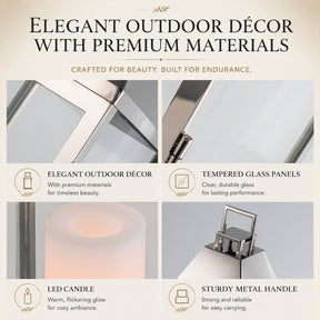 H17 inch Modern Solar Outdoor Lantern with Flickering LED Candle, Stainless Steel and Tempered Glass
