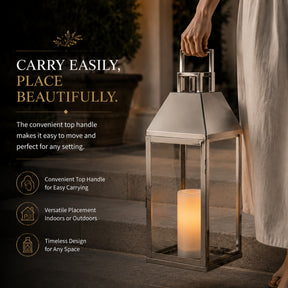 H17 inch Modern Solar Outdoor Lantern with Flickering LED Candle, Stainless Steel and Tempered Glass