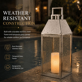 H17 inch Modern Solar Outdoor Lantern with Flickering LED Candle, Stainless Steel and Tempered Glass