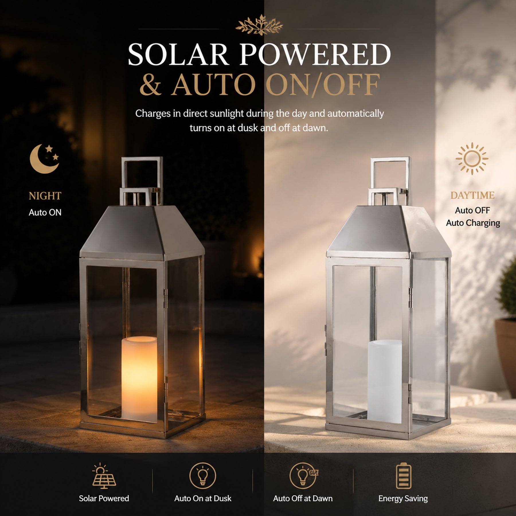 H17 inch Modern Solar Outdoor Lantern with Flickering LED Candle, Stainless Steel and Tempered Glass