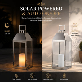 H17 inch Modern Solar Outdoor Lantern with Flickering LED Candle, Stainless Steel and Tempered Glass