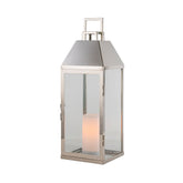 H17 inch Modern Solar Outdoor Lantern with Flickering LED Candle, Stainless Steel and Tempered Glass