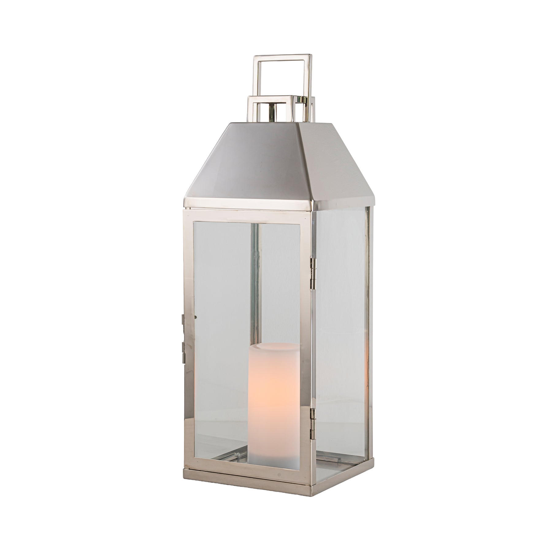 H17 inch Modern Solar Outdoor Lantern with Flickering LED Candle, Stainless Steel and Tempered Glass