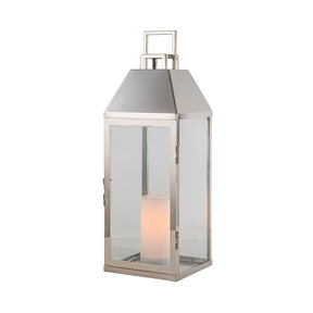 H17 inch Modern Solar Outdoor Lantern with Flickering LED Candle, Stainless Steel and Tempered Glass