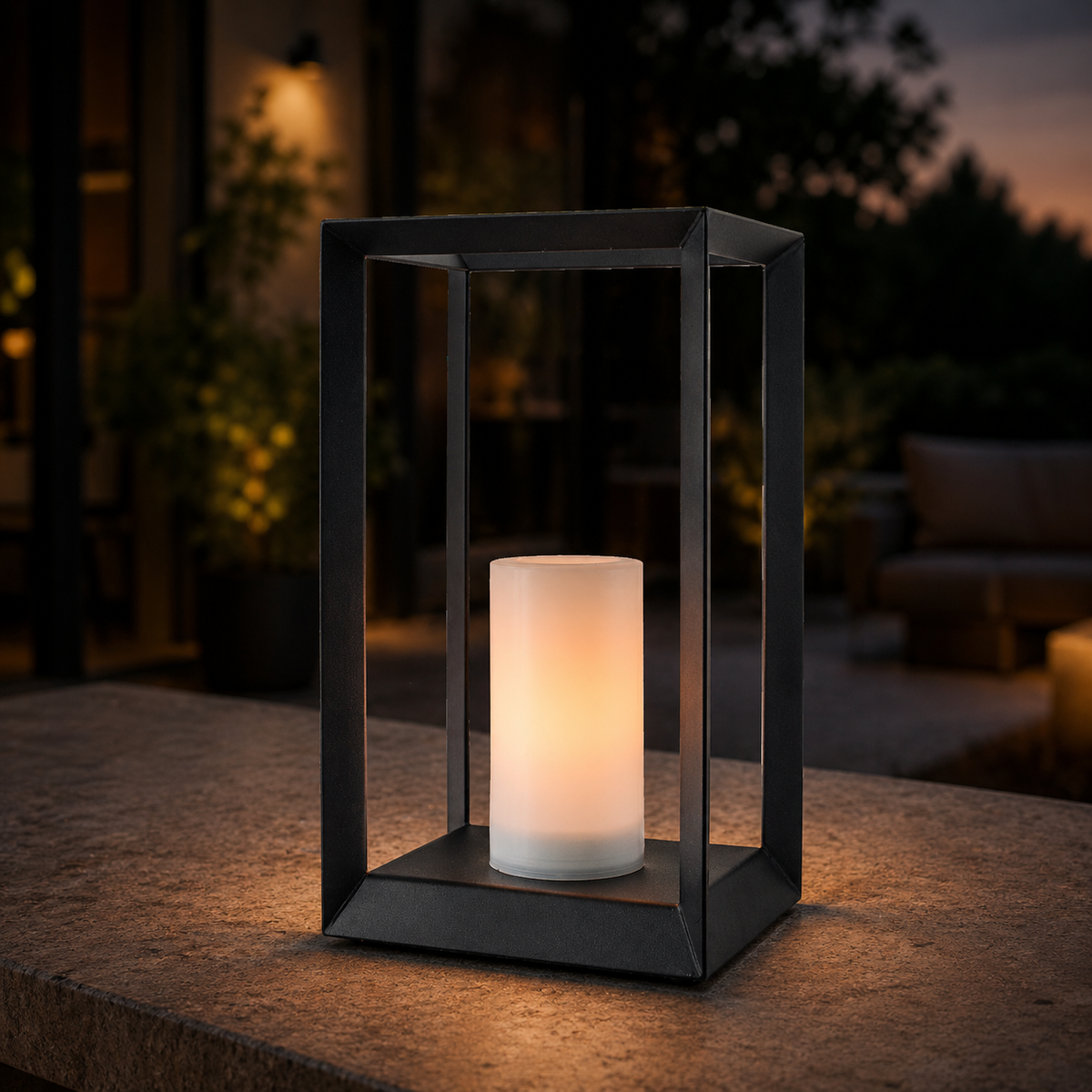 H14 Inch Modern Minimalist Open Frame Solar Lantern with LED Candle Black Geometric Decorative Lantern for Indoor Outdoor Table Patio Decor