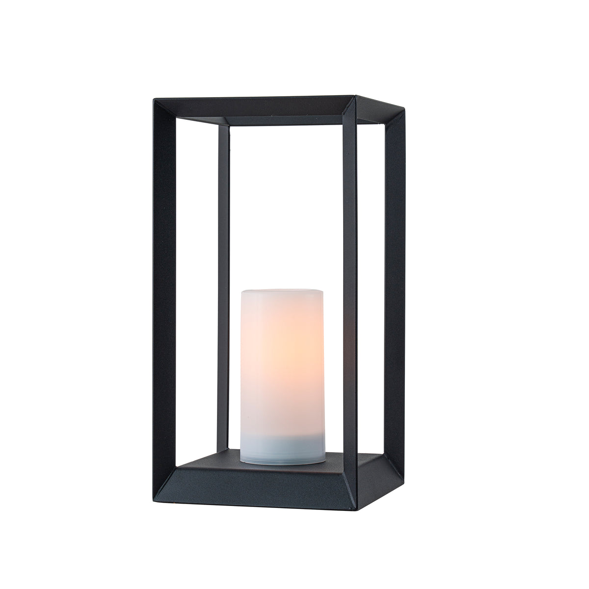 H14 Inch Modern Minimalist Open Frame Solar Lantern with LED Candle Black Geometric Decorative Lantern for Indoor Outdoor Table Patio Decor