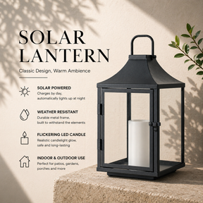 H12 Inch Outdoor Solar Lantern with Flickering LED Candle Black Metal Decorative Lantern with Tempered Glass for Patio Porch Garden Table Waterproof Hanging Lantern