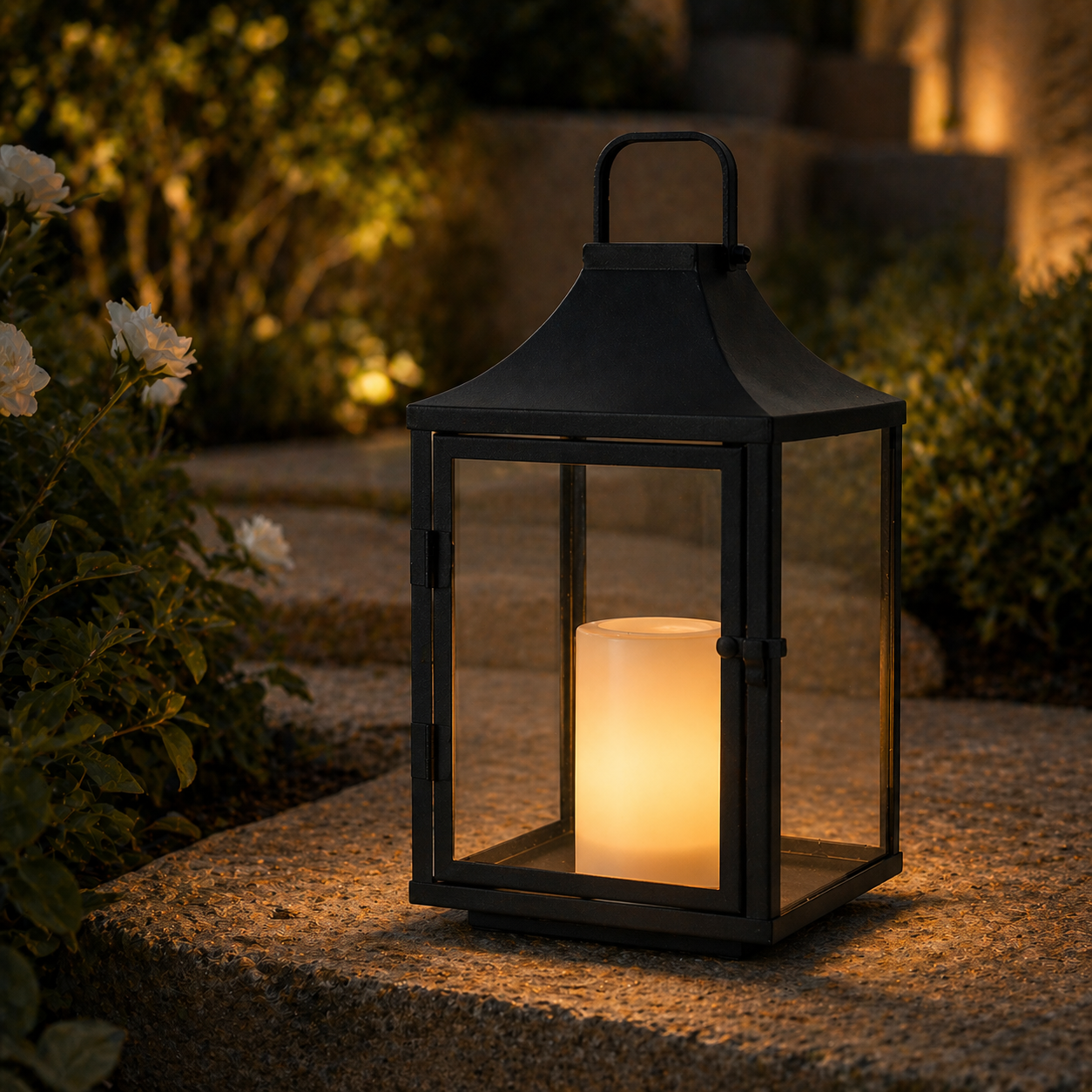 H12 Inch Outdoor Solar Lantern with Flickering LED Candle Black Metal Decorative Lantern with Tempered Glass for Patio Porch Garden Table Waterproof Hanging Lantern