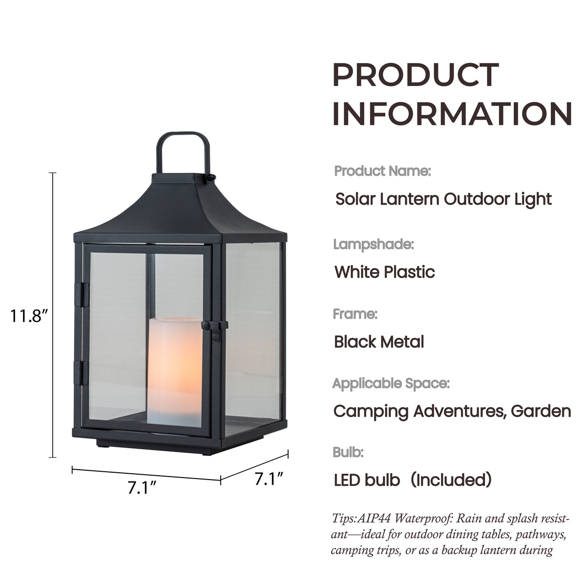 H12 Inch Outdoor Solar Lantern with Flickering LED Candle Black Metal Decorative Lantern with Tempered Glass for Patio Porch Garden Table Waterproof Hanging Lantern