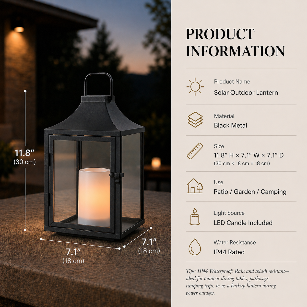 H12 Inch Outdoor Solar Lantern with Flickering LED Candle Black Metal Decorative Lantern with Tempered Glass for Patio Porch Garden Table Waterproof Hanging Lantern