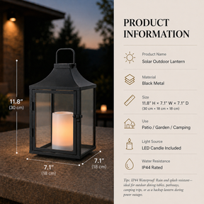H12 Inch Outdoor Solar Lantern with Flickering LED Candle Black Metal Decorative Lantern with Tempered Glass for Patio Porch Garden Table Waterproof Hanging Lantern