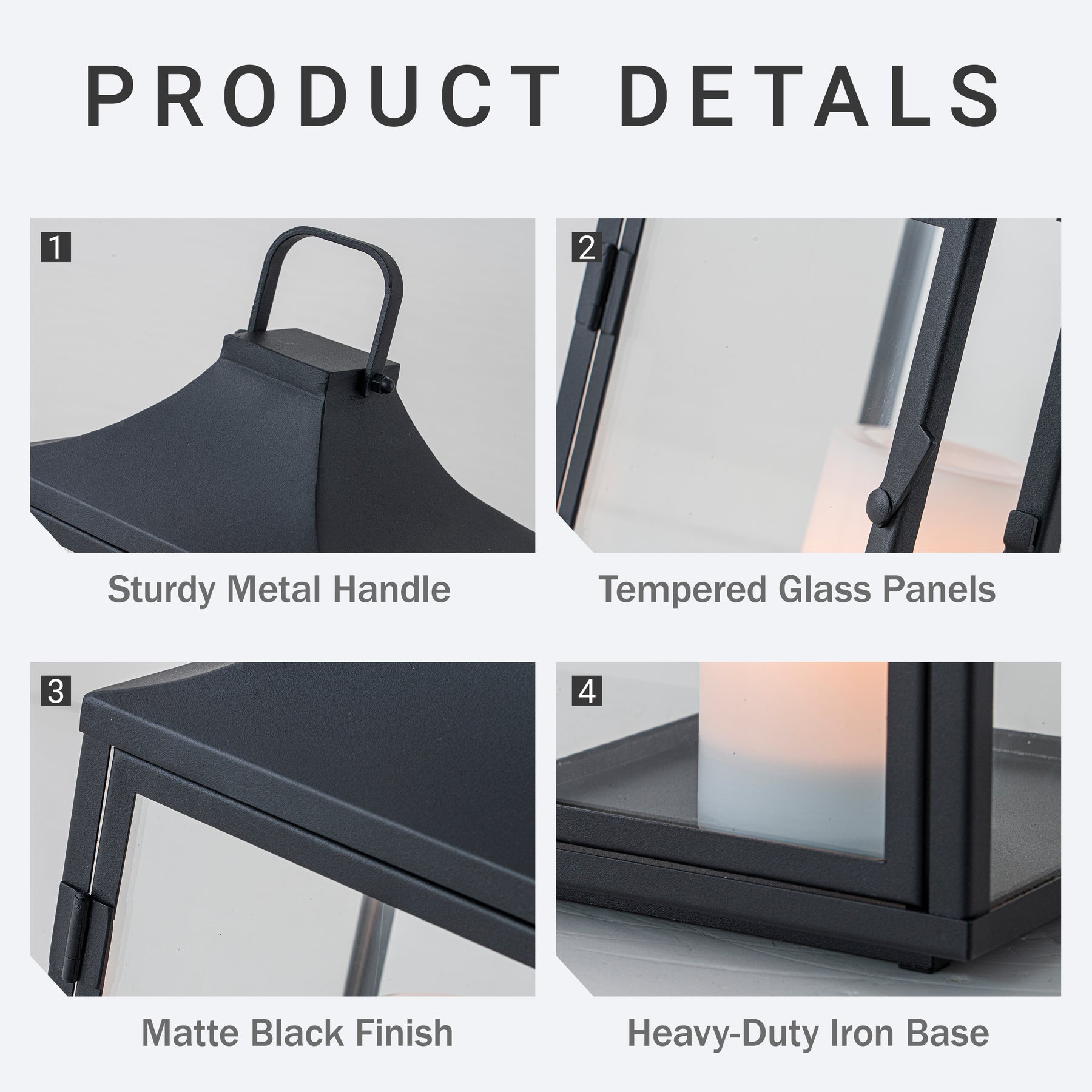 H12 Inch Outdoor Solar Lantern with Flickering LED Candle Black Metal Decorative Lantern with Tempered Glass for Patio Porch Garden Table Waterproof Hanging Lantern