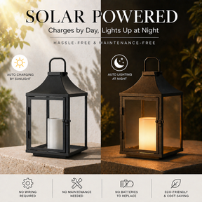 H12 Inch Outdoor Solar Lantern with Flickering LED Candle Black Metal Decorative Lantern with Tempered Glass for Patio Porch Garden Table Waterproof Hanging Lantern