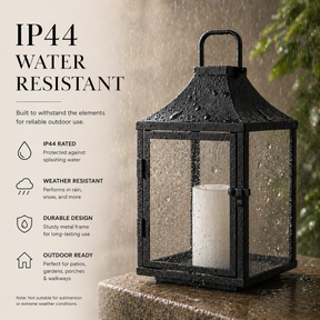 H12 Inch Outdoor Solar Lantern with Flickering LED Candle Black Metal Decorative Lantern with Tempered Glass for Patio Porch Garden Table Waterproof Hanging Lantern