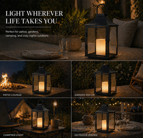 H12 Inch Outdoor Solar Lantern with Flickering LED Candle Black Metal Decorative Lantern with Tempered Glass for Patio Porch Garden Table Waterproof Hanging Lantern