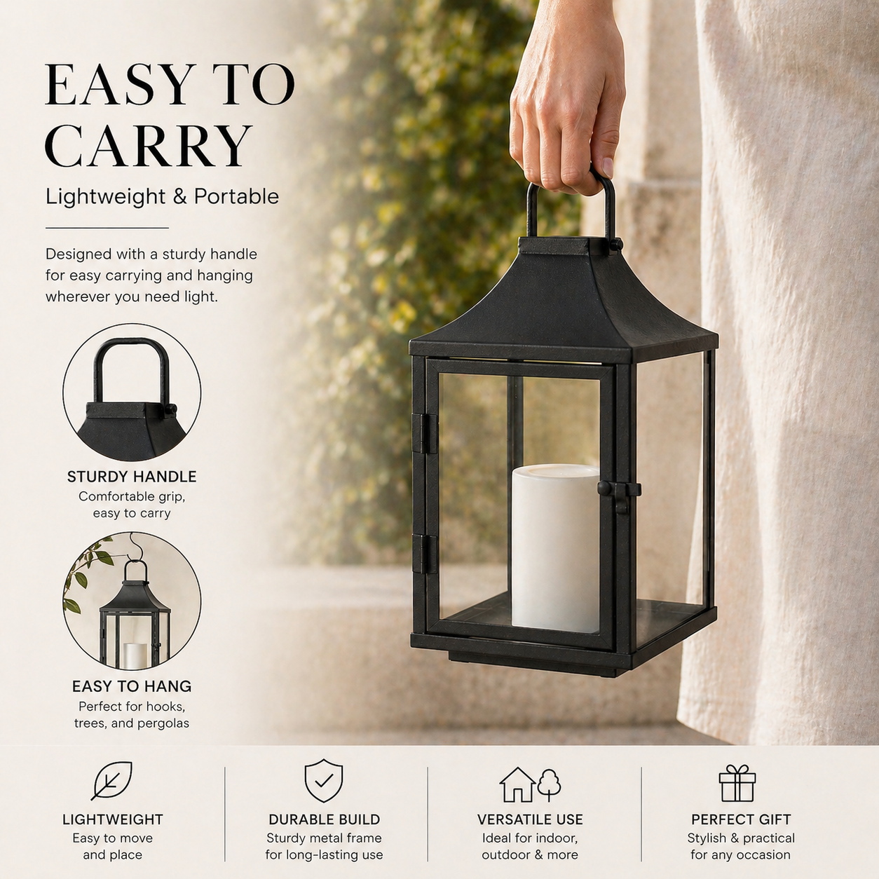 H12 Inch Outdoor Solar Lantern with Flickering LED Candle Black Metal Decorative Lantern with Tempered Glass for Patio Porch Garden Table Waterproof Hanging Lantern