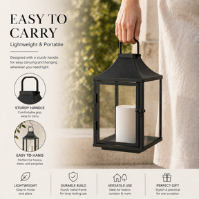 H12 Inch Outdoor Solar Lantern with Flickering LED Candle Black Metal Decorative Lantern with Tempered Glass for Patio Porch Garden Table Waterproof Hanging Lantern