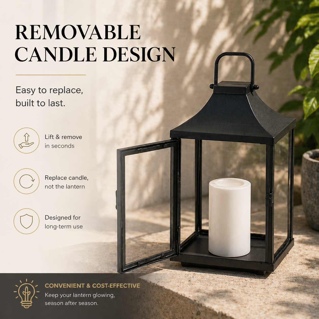 H12 Inch Outdoor Solar Lantern with Flickering LED Candle Black Metal Decorative Lantern with Tempered Glass for Patio Porch Garden Table Waterproof Hanging Lantern