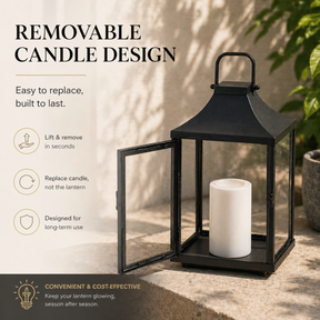 H12 Inch Outdoor Solar Lantern with Flickering LED Candle Black Metal Decorative Lantern with Tempered Glass for Patio Porch Garden Table Waterproof Hanging Lantern