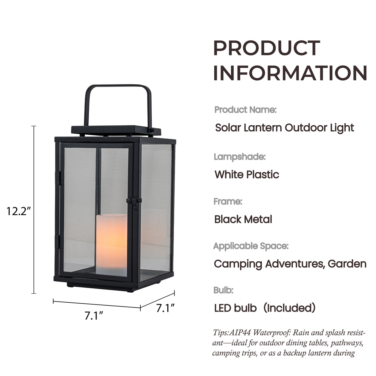 H12 Inch Modern Solar Outdoor Lantern with Flickering LED Candle Black Metal Lantern with Tempered Glass, Minimalist Decorative Lantern for Patio Porch Garden