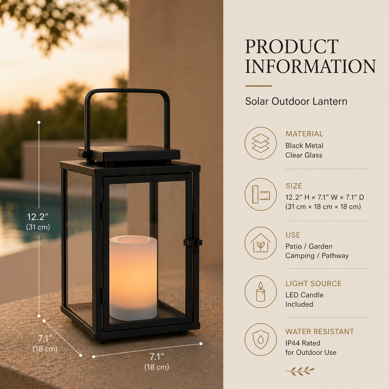 H12 Inch Modern Solar Outdoor Lantern with Flickering LED Candle Black Metal Lantern with Tempered Glass, Minimalist Decorative Lantern for Patio Porch Garden