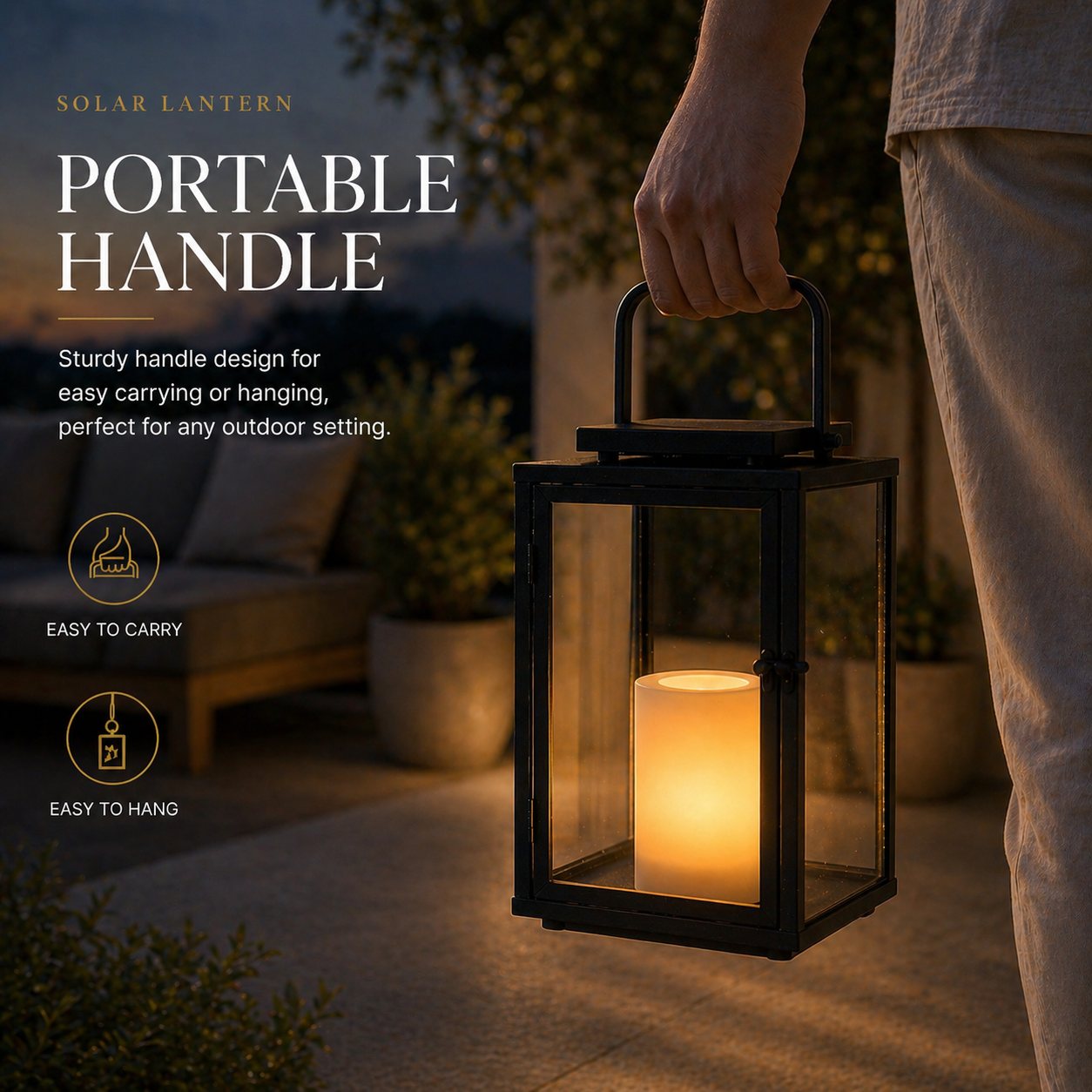 H12 Inch Modern Solar Outdoor Lantern with Flickering LED Candle Black Metal Lantern with Tempered Glass, Minimalist Decorative Lantern for Patio Porch Garden