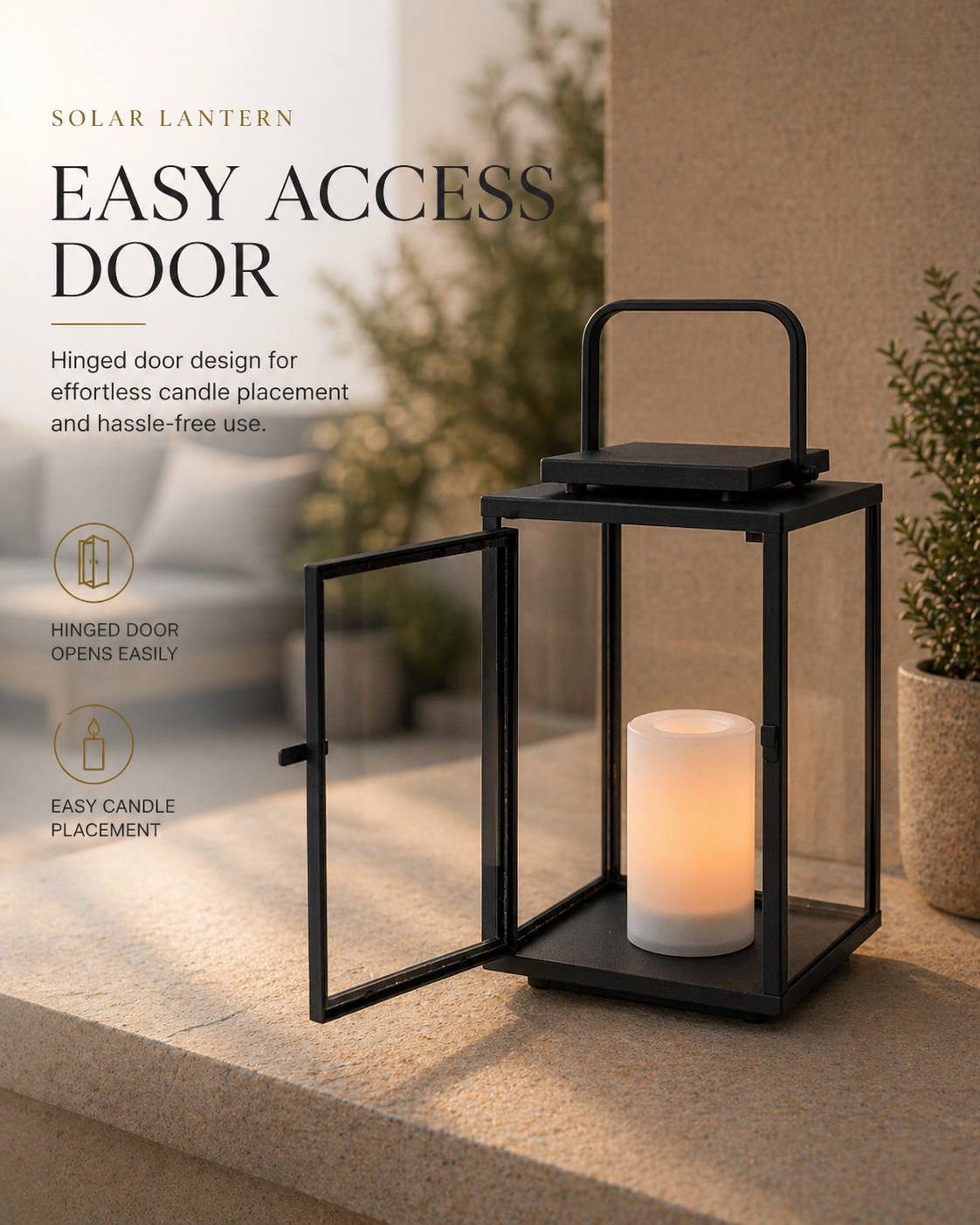 H12 Inch Modern Solar Outdoor Lantern with Flickering LED Candle Black Metal Lantern with Tempered Glass, Minimalist Decorative Lantern for Patio Porch Garden