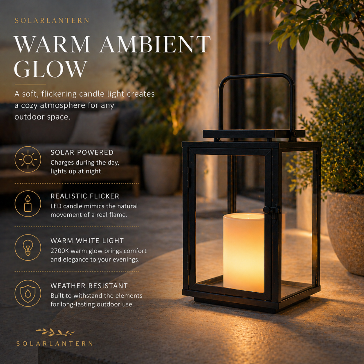 H12 Inch Modern Solar Outdoor Lantern with Flickering LED Candle Black Metal Lantern with Tempered Glass, Minimalist Decorative Lantern for Patio Porch Garden