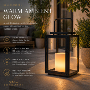 H12 Inch Modern Solar Outdoor Lantern with Flickering LED Candle Black Metal Lantern with Tempered Glass, Minimalist Decorative Lantern for Patio Porch Garden