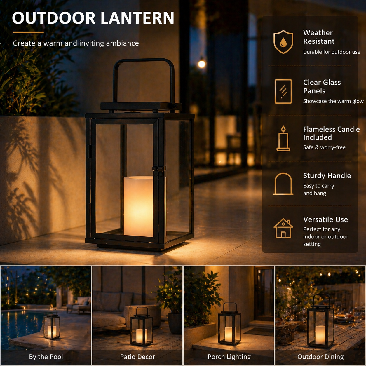 H12 Inch Modern Solar Outdoor Lantern with Flickering LED Candle Black Metal Lantern with Tempered Glass, Minimalist Decorative Lantern for Patio Porch Garden