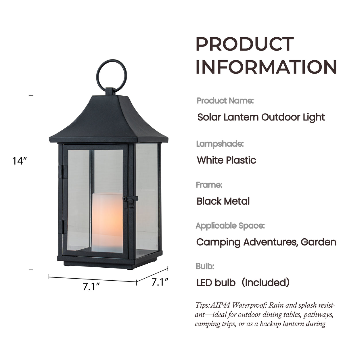 H14 Inch Outdoor Solar Lantern with Flickering LED Candle Black Metal Decorative Lantern with Tempered Glass Hanging or Table Lantern for Patio Porch Garden