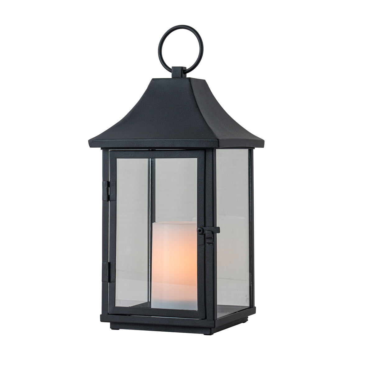 H14 Inch Outdoor Solar Lantern with Flickering LED Candle Black Metal Decorative Lantern with Tempered Glass Hanging or Table Lantern for Patio Porch Garden