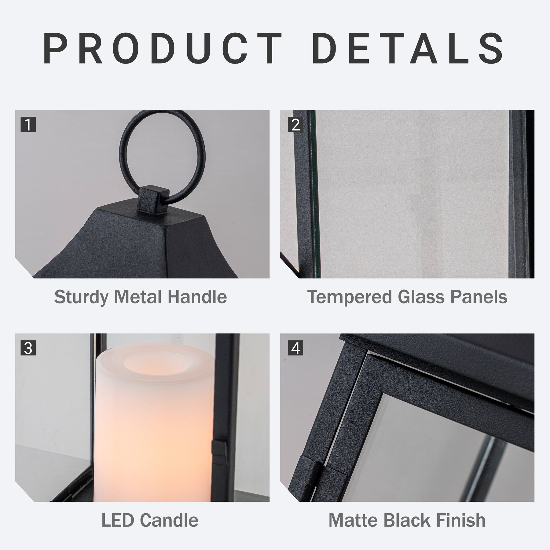 H14 Inch Outdoor Solar Lantern with Flickering LED Candle Black Metal Decorative Lantern with Tempered Glass Hanging or Table Lantern for Patio Porch Garden