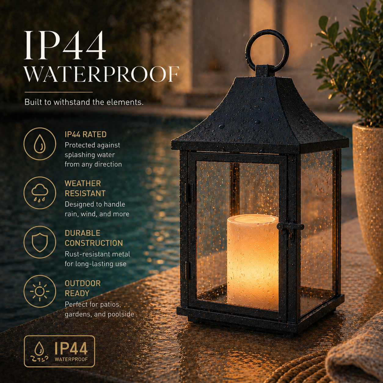 H14 Inch Outdoor Solar Lantern with Flickering LED Candle Black Metal Decorative Lantern with Tempered Glass Hanging or Table Lantern for Patio Porch Garden