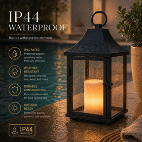 H14 Inch Outdoor Solar Lantern with Flickering LED Candle Black Metal Decorative Lantern with Tempered Glass Hanging or Table Lantern for Patio Porch Garden
