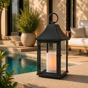 H14 Inch Outdoor Solar Lantern with Flickering LED Candle Black Metal Decorative Lantern with Tempered Glass Hanging or Table Lantern for Patio Porch Garden