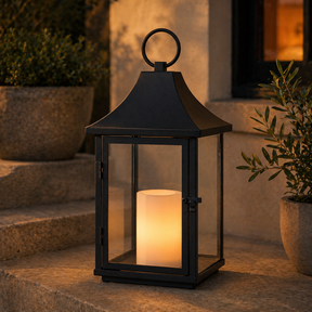 H14 Inch Outdoor Solar Lantern with Flickering LED Candle Black Metal Decorative Lantern with Tempered Glass Hanging or Table Lantern for Patio Porch Garden