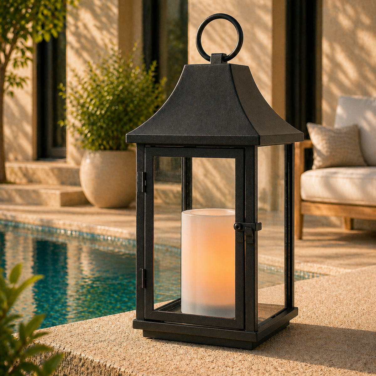 H14 Inch Outdoor Solar Lantern with Flickering LED Candle Black Metal Decorative Lantern with Tempered Glass Hanging or Table Lantern for Patio Porch Garden