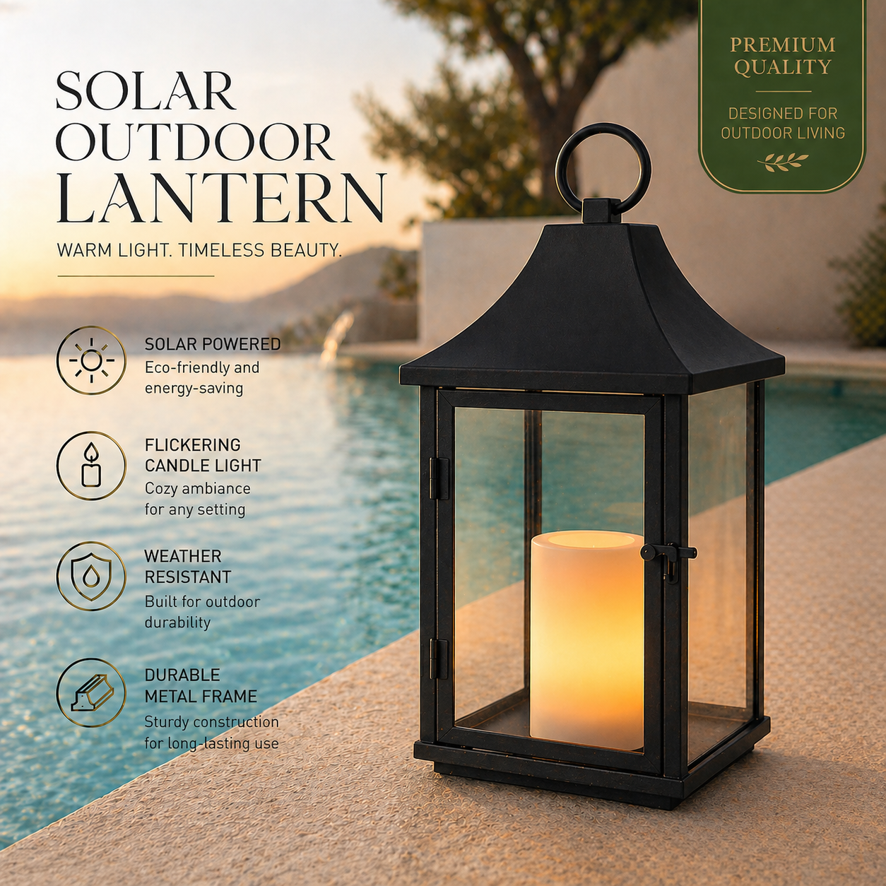H14 Inch Outdoor Solar Lantern with Flickering LED Candle Black Metal Decorative Lantern with Tempered Glass Hanging or Table Lantern for Patio Porch Garden