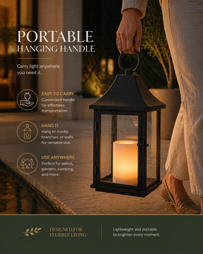 H14 Inch Outdoor Solar Lantern with Flickering LED Candle Black Metal Decorative Lantern with Tempered Glass Hanging or Table Lantern for Patio Porch Garden