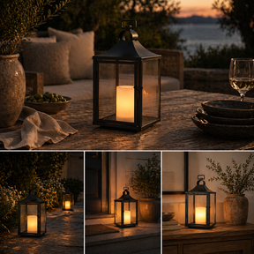 H14 Inch Classic Farmhouse Outdoor Solar Lantern with Flickering LED Candle Black Metal Decorative Lantern with Tempered Glass Hanging Lantern for Patio Porch Garden Table