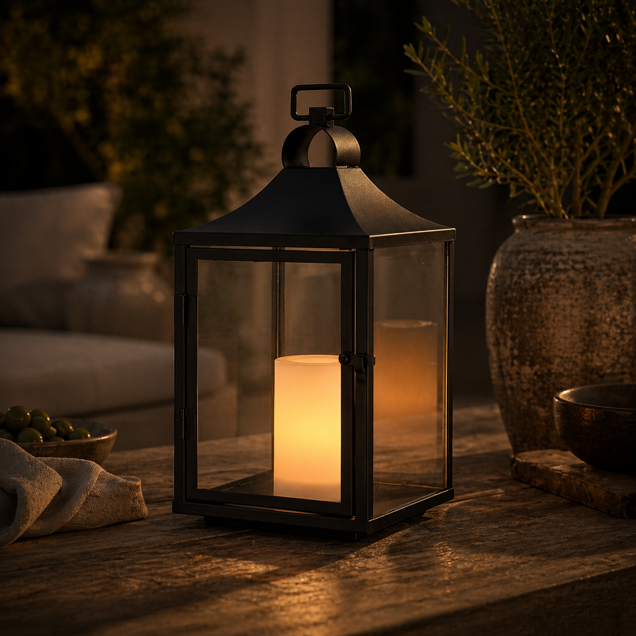 H14 Inch Classic Farmhouse Outdoor Solar Lantern with Flickering LED Candle Black Metal Decorative Lantern with Tempered Glass Hanging Lantern for Patio Porch Garden Table